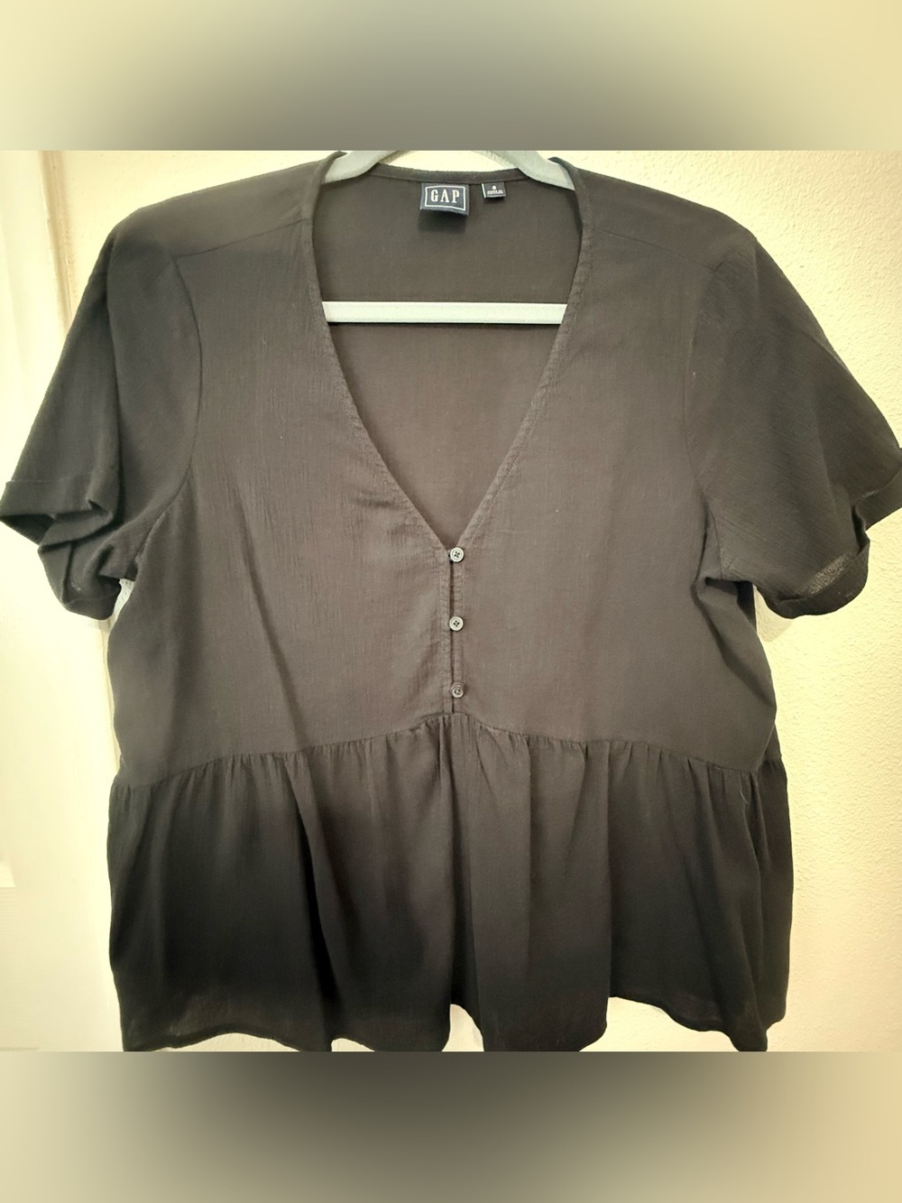 Gap Black Peplum Babydoll Blouse Size Small V Neck Top